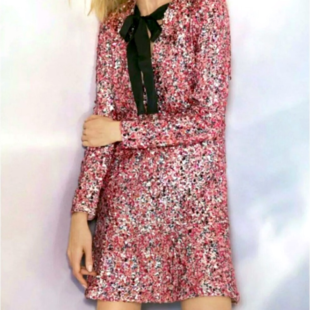 H&M conscious collection pink sequin dress black pussybow bow size 10